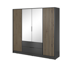 4-door wardrobe with mirrored double doors, dark gray frame, and wood slat doors