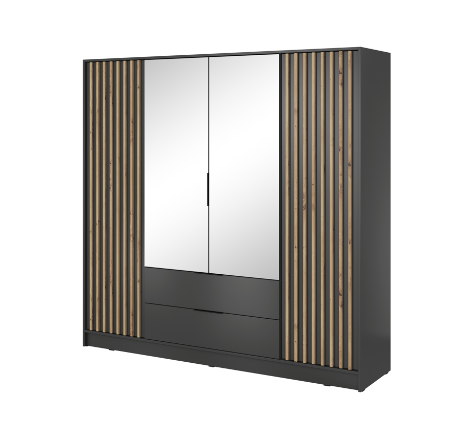 4-door wardrobe with mirrored double doors, dark gray frame, and wood slat doors