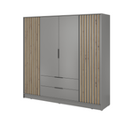 4-door wardrobe with grey cabinet base, central doors, and vertical wood slat side panels