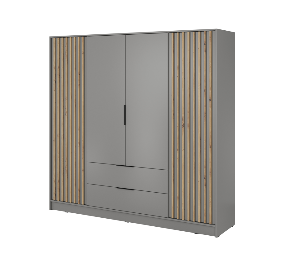 4-door wardrobe with grey cabinet base, central doors, and vertical wood slat side panels