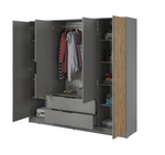 Open wardrobe interior showing hanging space, shelves, and drawers in grey