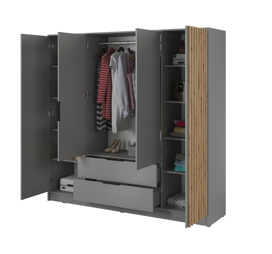 Open wardrobe interior showing hanging space, shelves, and drawers in grey