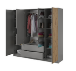 4-door wardrobe with mirrored doors, open interior with shelves, drawers, and hanging space