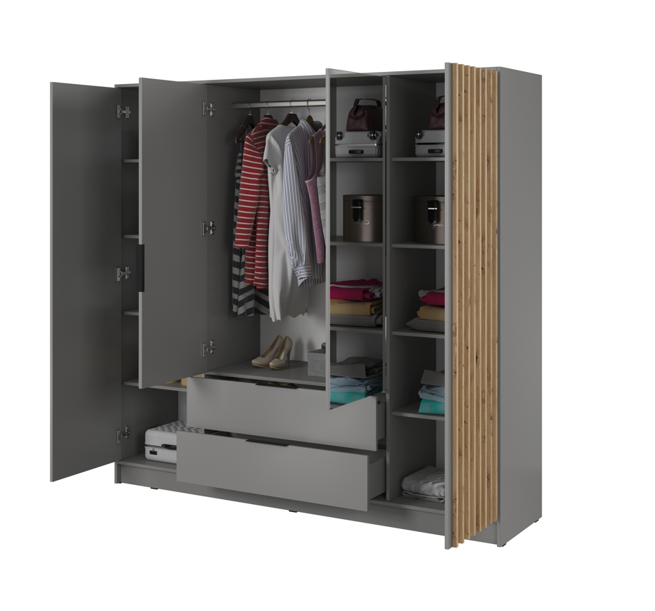 4-door wardrobe with mirrored doors, open interior with shelves, drawers, and hanging space