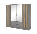 4-door wardrobe with mirrored doors, gray frame, and vertical wood slat side panels
