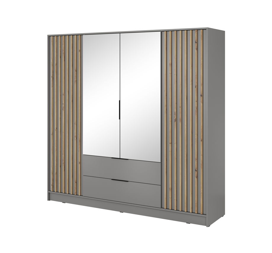 4-door wardrobe with mirrored doors, gray frame, and vertical wood slat side panels