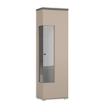 Modern display cabinet with single glass door, beige frame, black top trim.