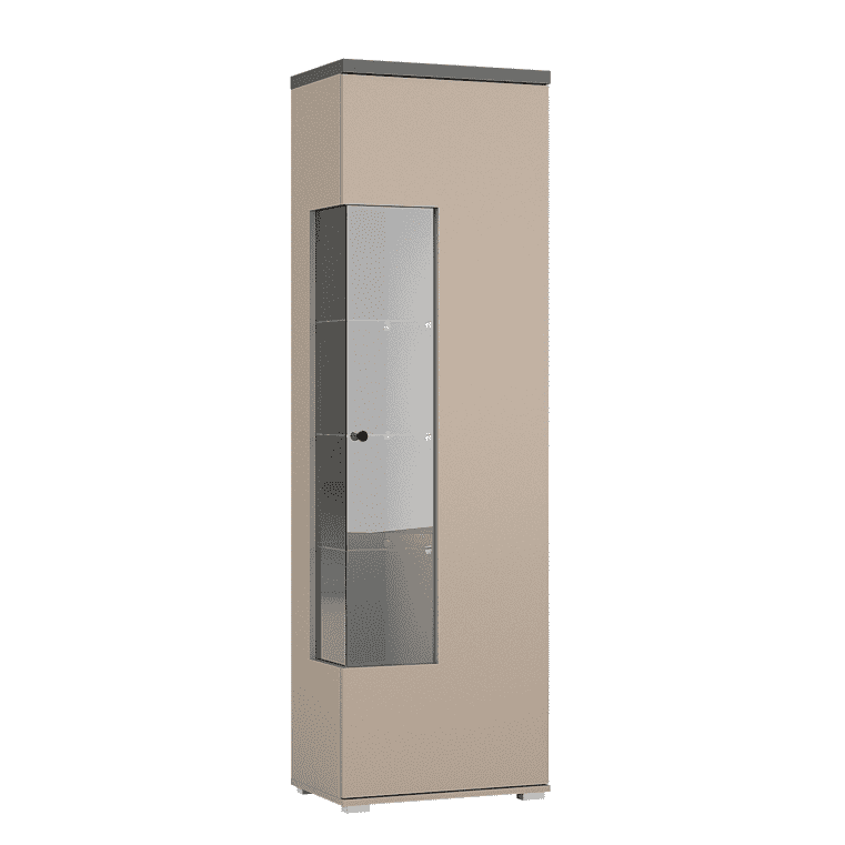 Modern display cabinet with single glass door, beige frame, black top trim.