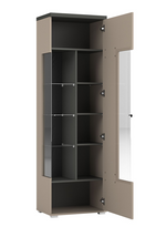 Modern open display cabinet with multiple shelves, beige exterior and dark interior.