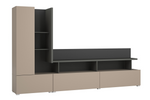 TV wall unit with open center shelves and dark TV ledge, light beige base, 270cm