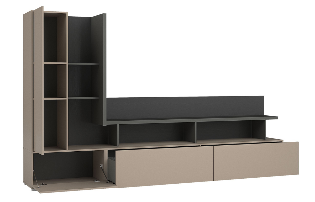 TV wall unit corner view with open compartments, dark media shelf, and light beige doors