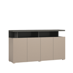 Sideboard cabinet with dark tabletop and four beige cabinet doors
