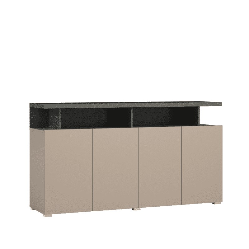 Sideboard cabinet with dark tabletop and four beige cabinet doors