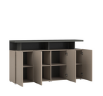 Sideboard with doors open, showing interior shelves and cubby compartments