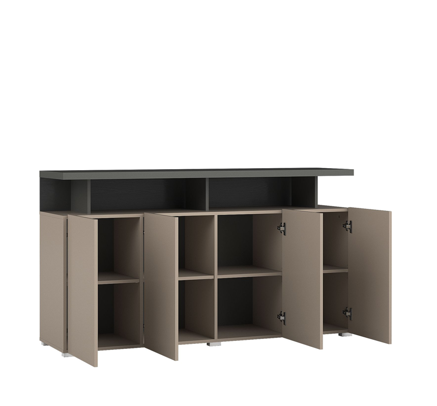 Sideboard with doors open, showing interior shelves and cubby compartments