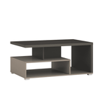 Dark gray top coffee table with open cubby shelves and light base panels