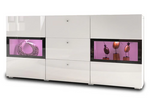 White gloss sideboard with three doors and black-framed display windows with purple decor