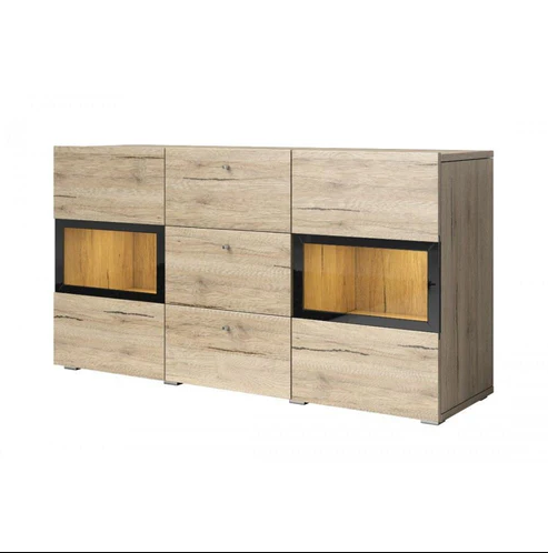 San Remo oak sideboard with three doors and black-framed cabinet panels, light wood grain
