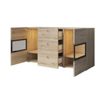 San Remo oak sideboard with grey panels, open center shelving, black-framed door windows