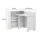 Convertible desk dimension diagram with open storage cabinet and folding top