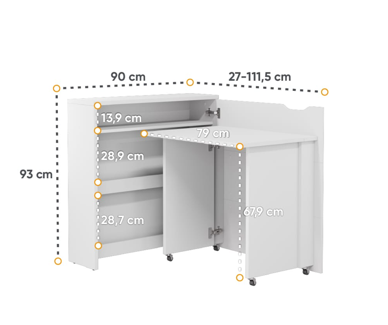 Convertible desk dimension diagram with open storage cabinet and folding top