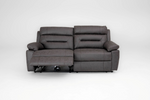 3-seat recliner sofa in dark gray fabric with padded arms and reclining sections