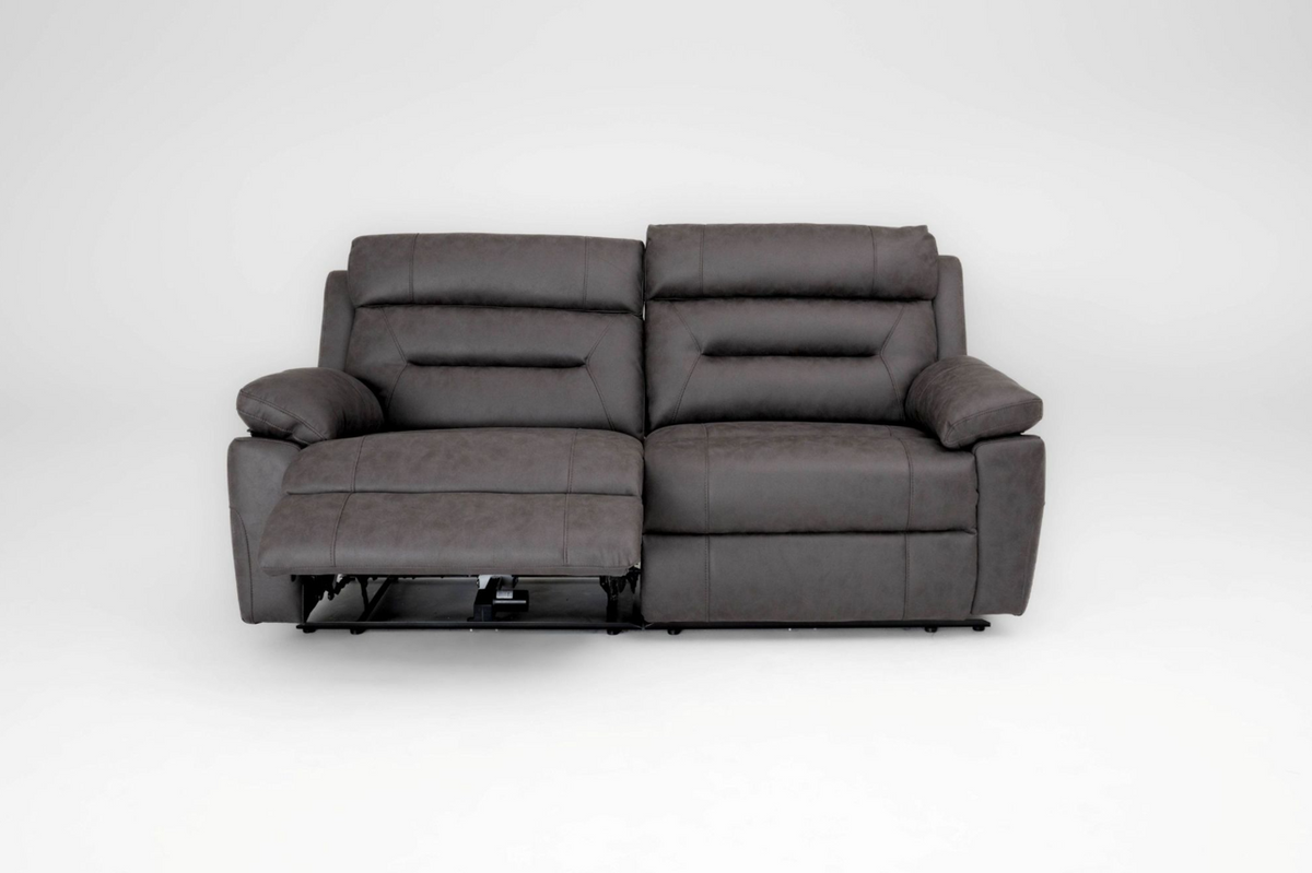3-seat recliner sofa in dark gray fabric with padded arms and reclining sections