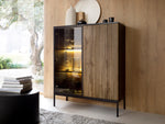 Short display cabinet with glass door, vertical ribbed panel, and warm LED lighting
