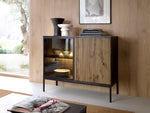 2-door sideboard with black frame, ribbed door panel, and open shelves with warm interior
