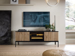 Tina TV cabinet with black frame, vertical oak slat doors and central lit shelf