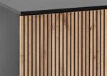 High display cabinet corner detail with vertical slatted wood doors and black trim