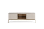 TV cabinet with light cashmere body, central glass door, warm-lit media shelf