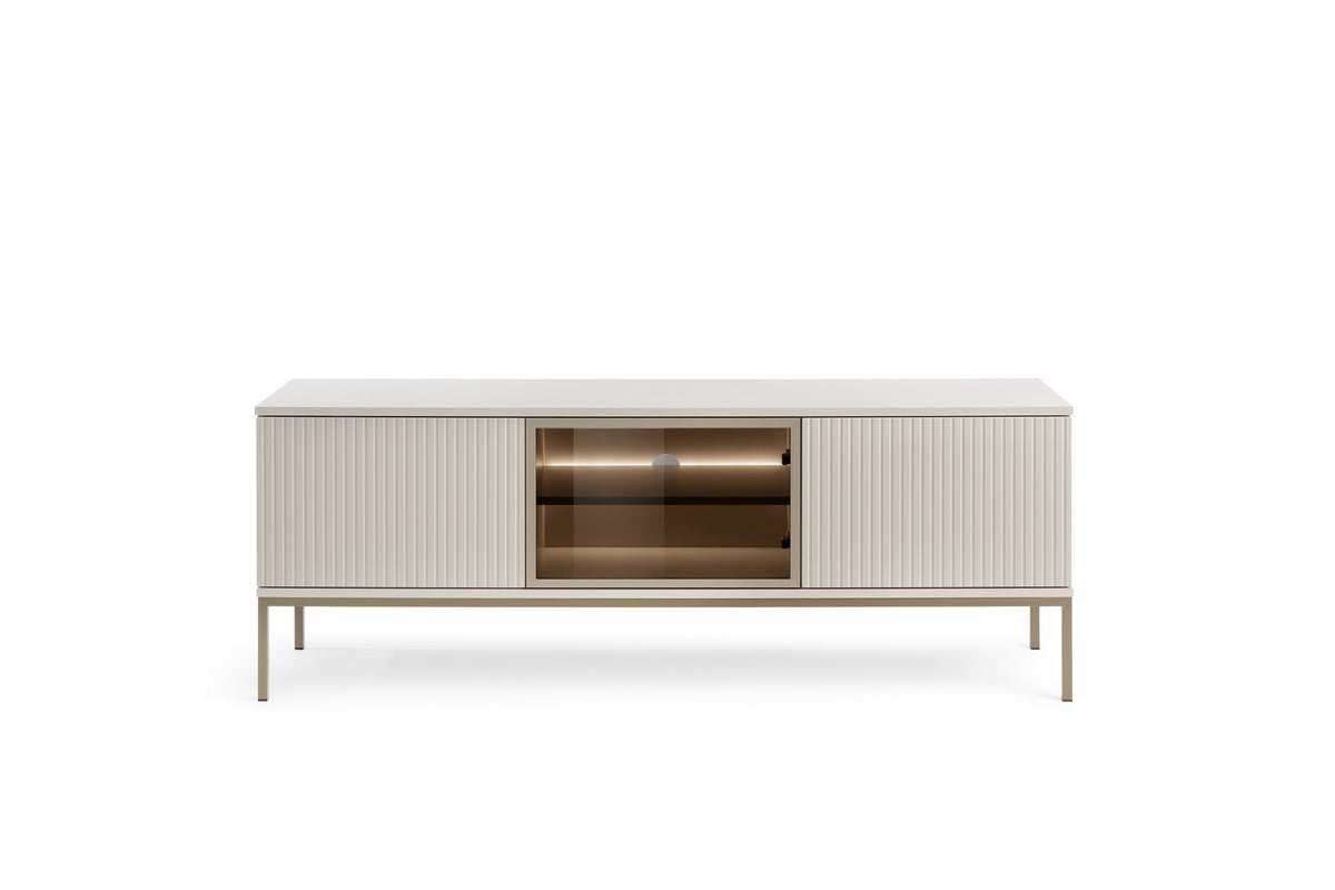TV cabinet with light cashmere body, central glass door, warm-lit media shelf