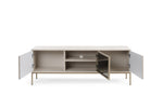 TV cabinet with light cashmere finish, open doors revealing storage and shelf space