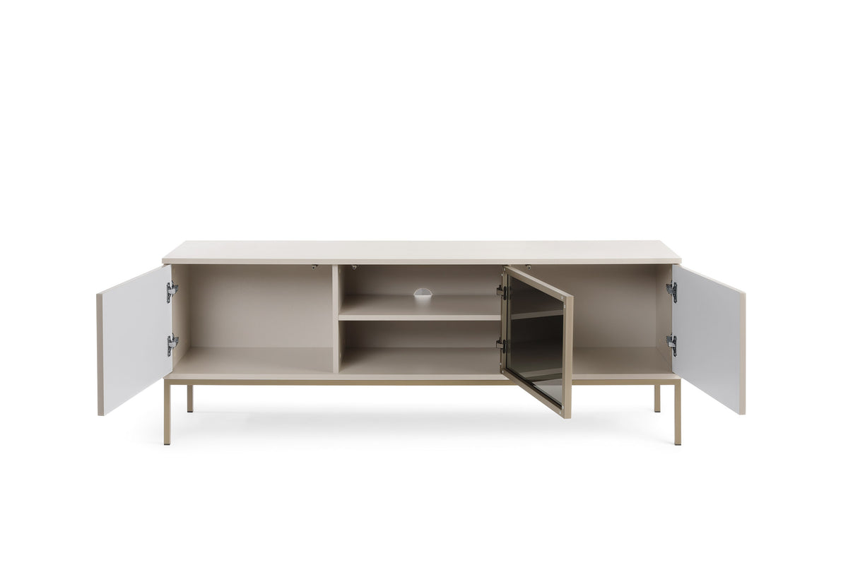 TV cabinet with light cashmere finish, open doors revealing storage and shelf space