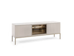 TV cabinet with light cashmere ribbed panels, central glass door and warm light
