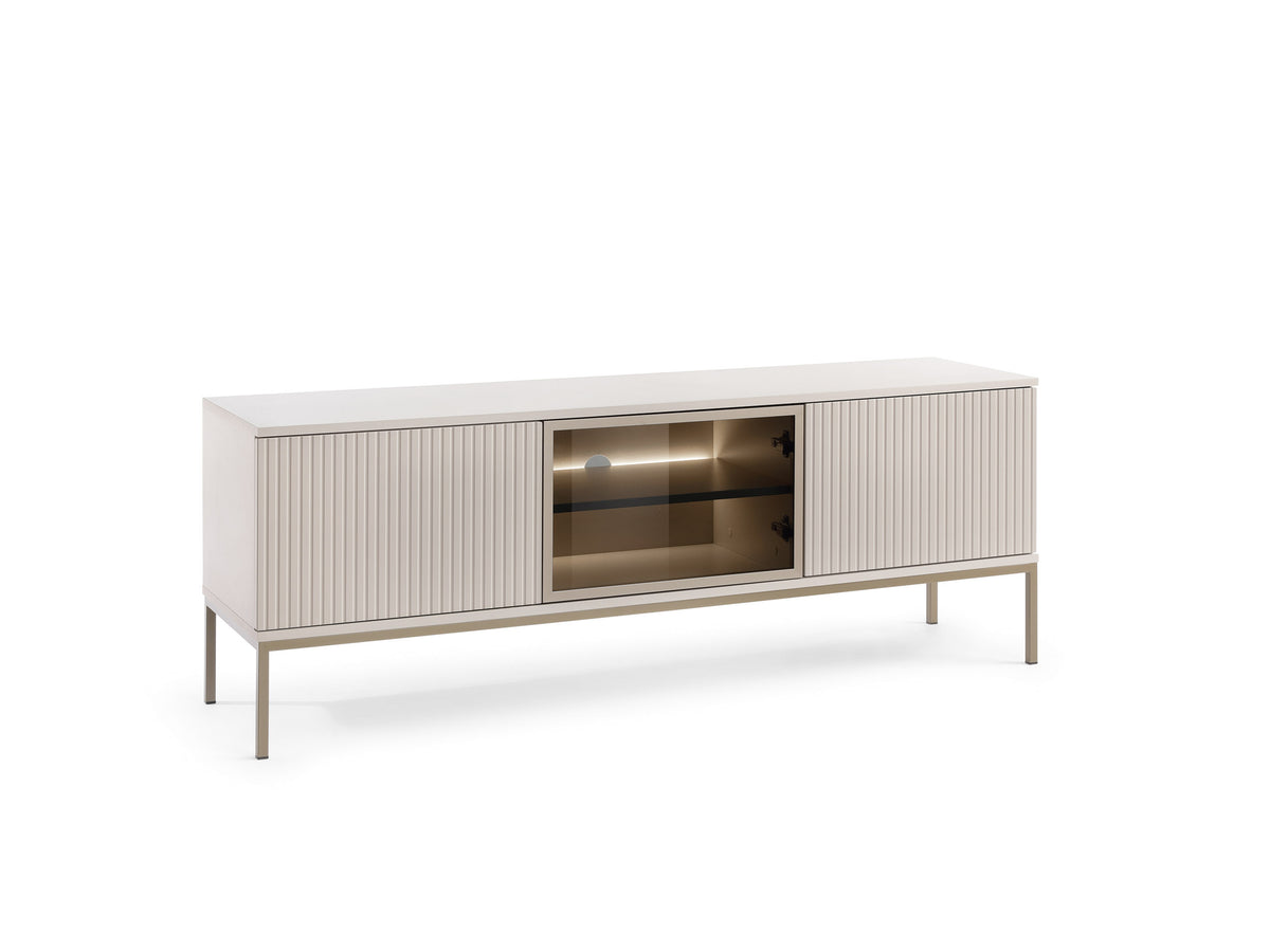 TV cabinet with light cashmere ribbed panels, central glass door and warm light