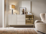 Cashmere sideboard with slatted door, drawers, and lit glass cabinet