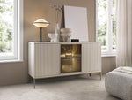 Cashmere sideboard with glass-lit center and vertical slat doors, three storage compartments