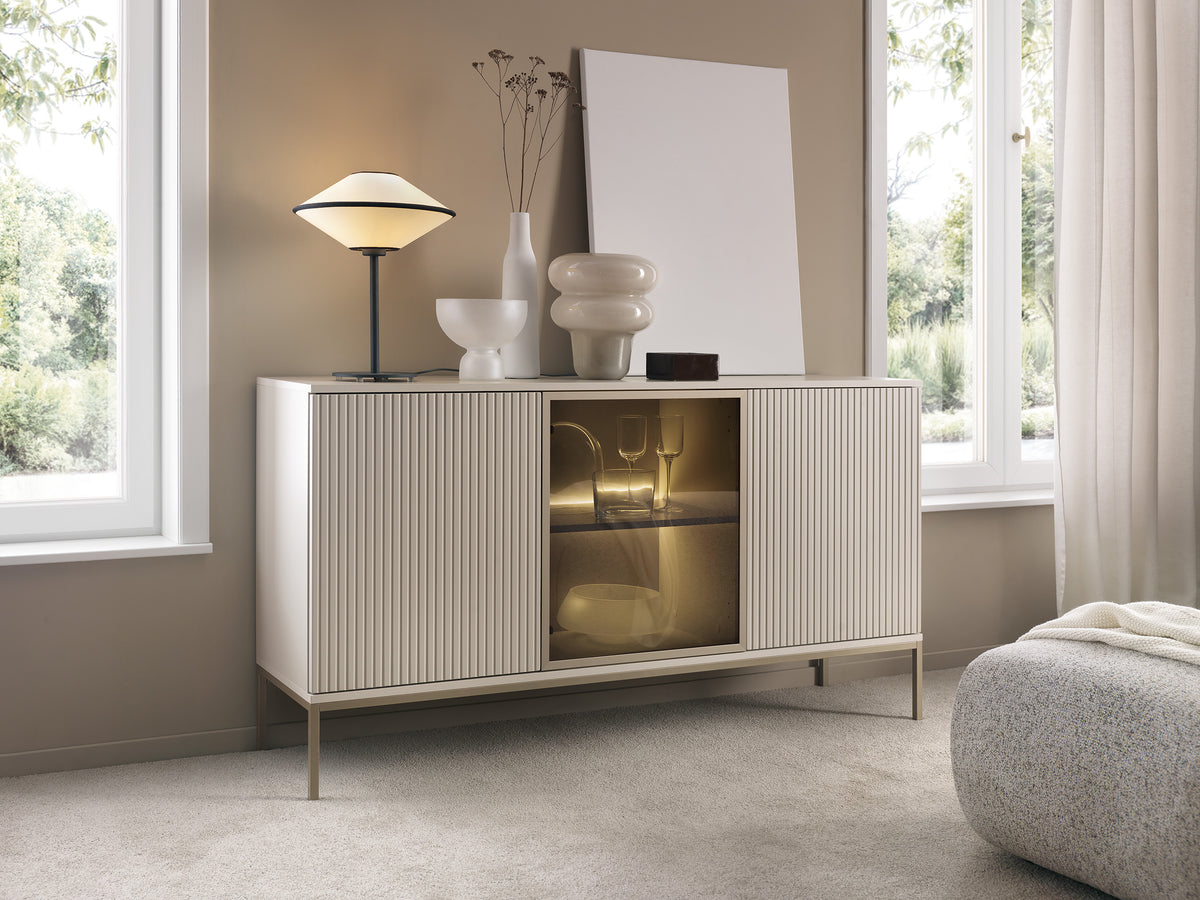 Cashmere sideboard with glass-lit center and vertical slat doors, three storage compartments