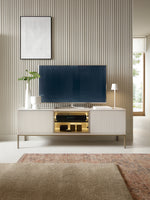 TV cabinet with vertical ribbed panels, black glass center and warm-lit media compartment