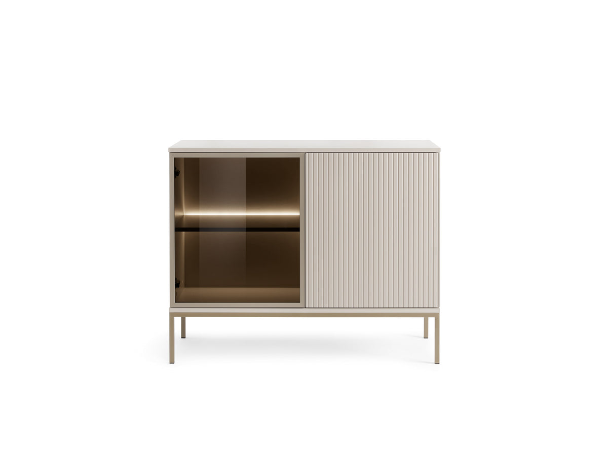 2-door sideboard in light finish with glass front left cabinet and ribbed right doors