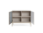 2-door sideboard in light finish with both doors open, showing four interior shelves