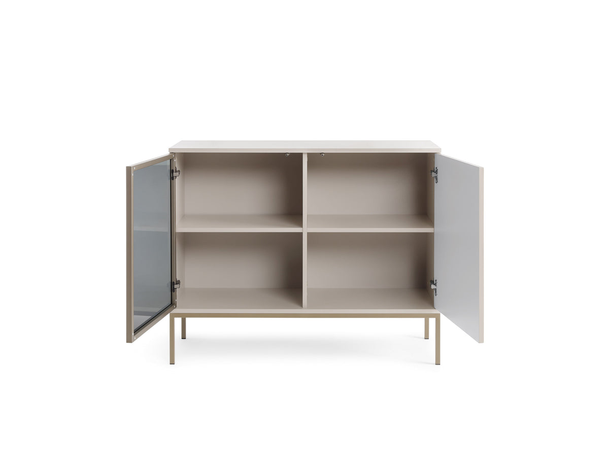 2-door sideboard in light finish with both doors open, showing four interior shelves