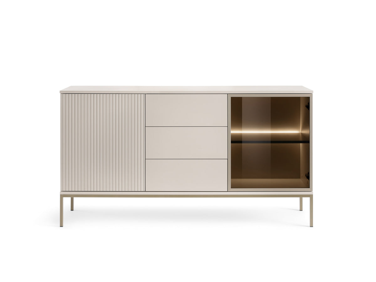 Cashmere sideboard with slatted door and three drawers plus lit glass cabinet