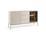 Cashmere sideboard with slatted panel, two drawers, and right glass-front cabinet