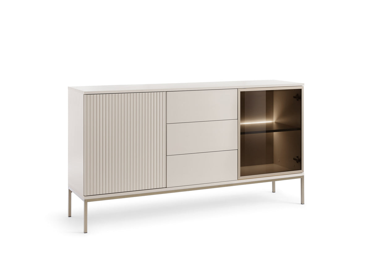 Cashmere sideboard with slatted panel, two drawers, and right glass-front cabinet