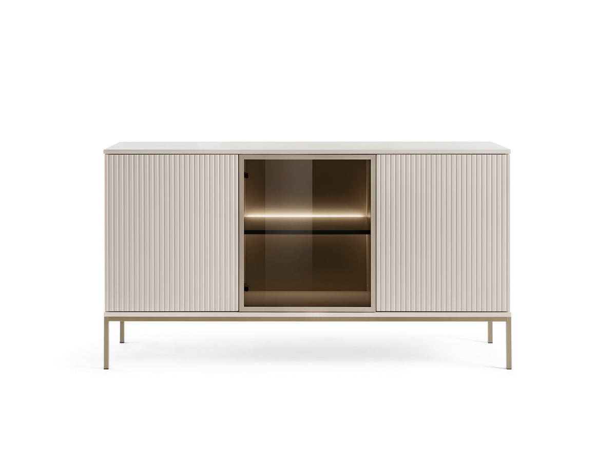 Cashmere sideboard with glass center cabinet and vertical slat door fronts