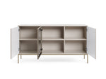Cashmere sideboard cabinet with three doors open, revealing interior shelves