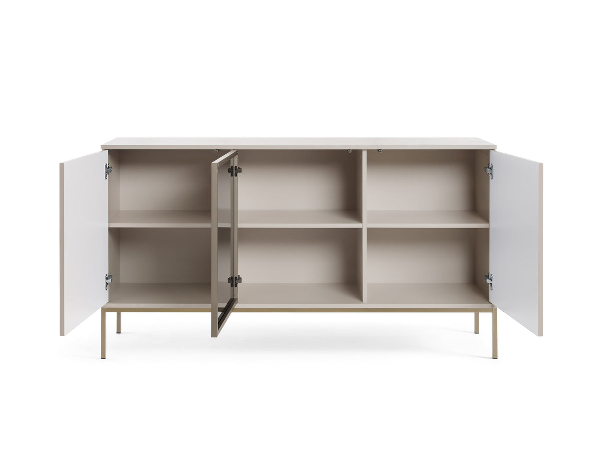 Cashmere sideboard cabinet with three doors open, revealing interior shelves